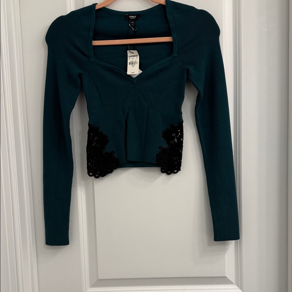 Express Teal and Black Long Sleeve Crop Top